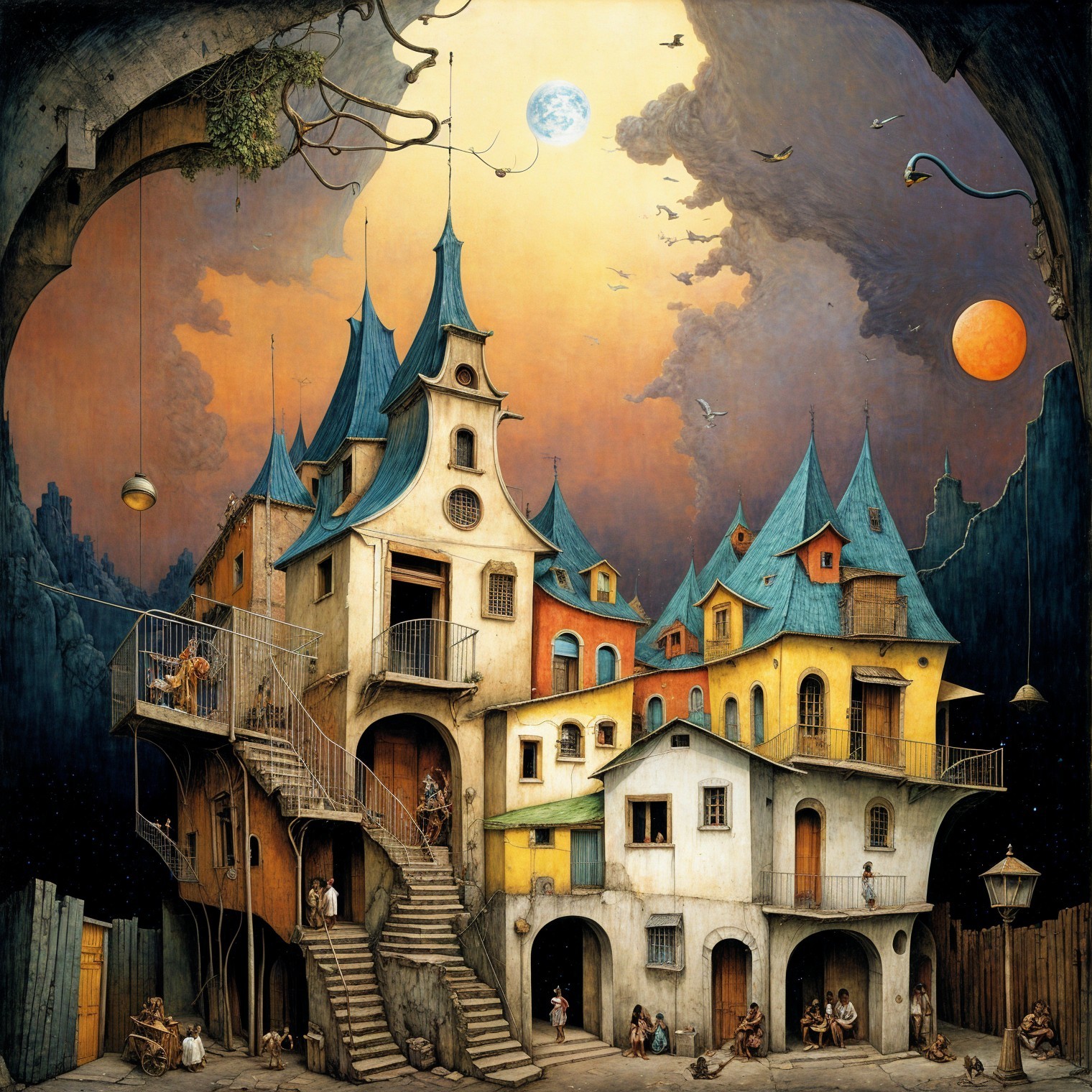 Whimsical Village with Colorful Houses and Sunset Sky