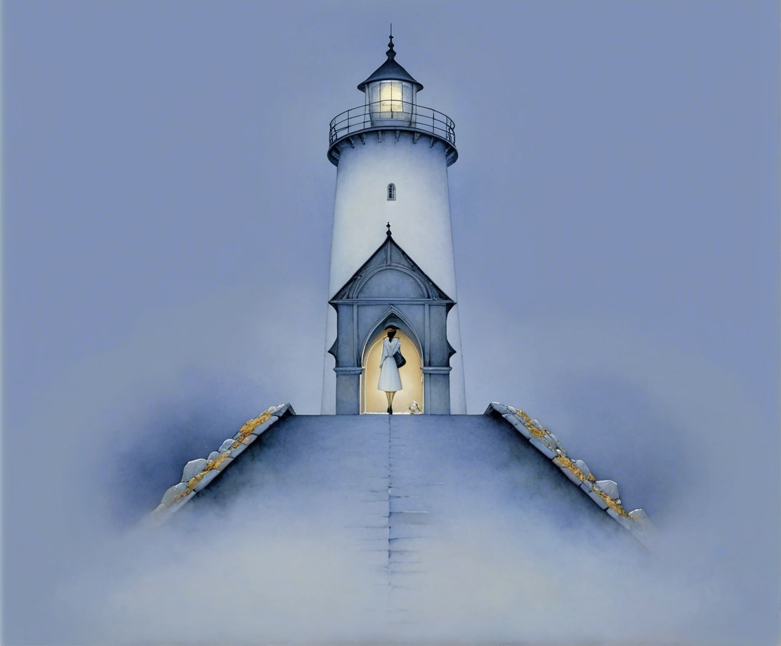 Lighthouse in Fog with Figure and Dog at Entrance