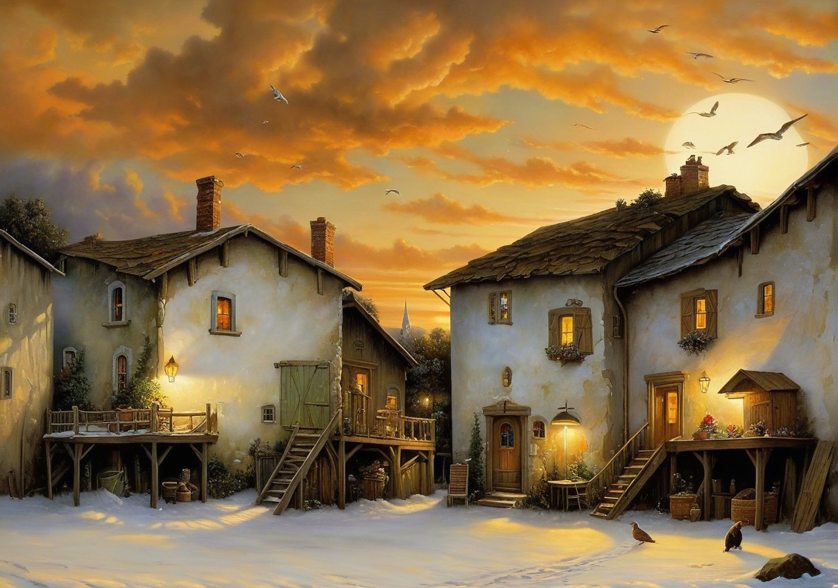Serene winter village with glowing warm lights