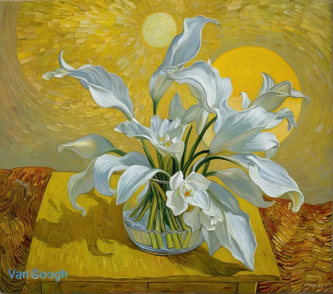 Still Life of White Lilies in Glass Vase on Gold Background