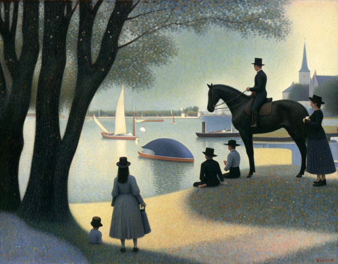 Tranquil lakeside scene with sailboats, horseback rider, and elegantly dressed onlook