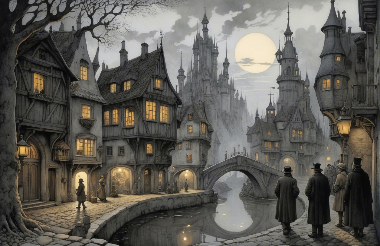 Moonlit Medieval Town with Cobblestone Streets