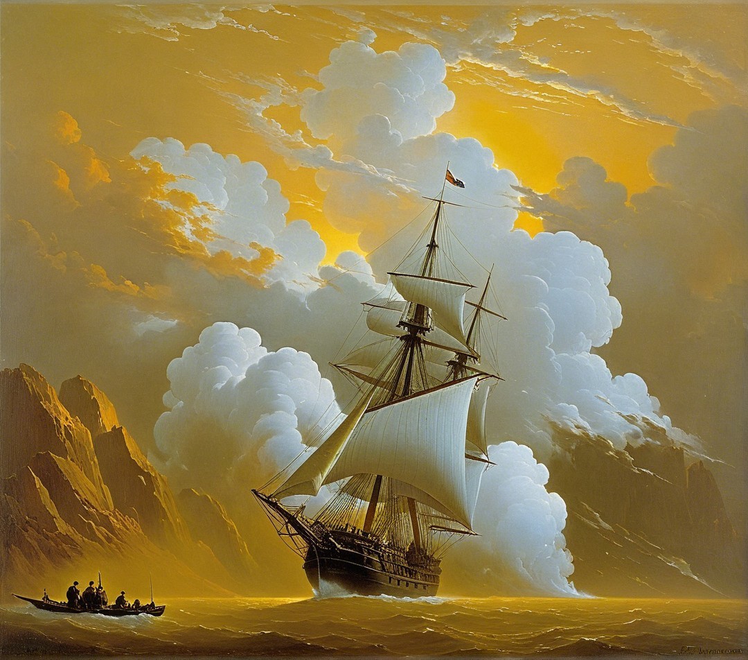 Majestic Sailing Ship on Calm Waters with Mountains