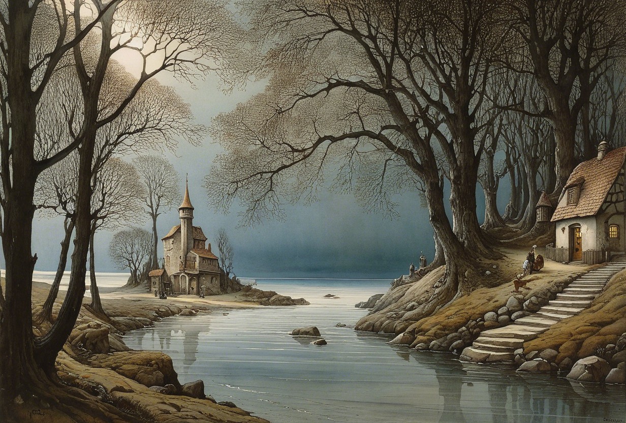 Serene Lake Scene with Trees and Quaint Structures