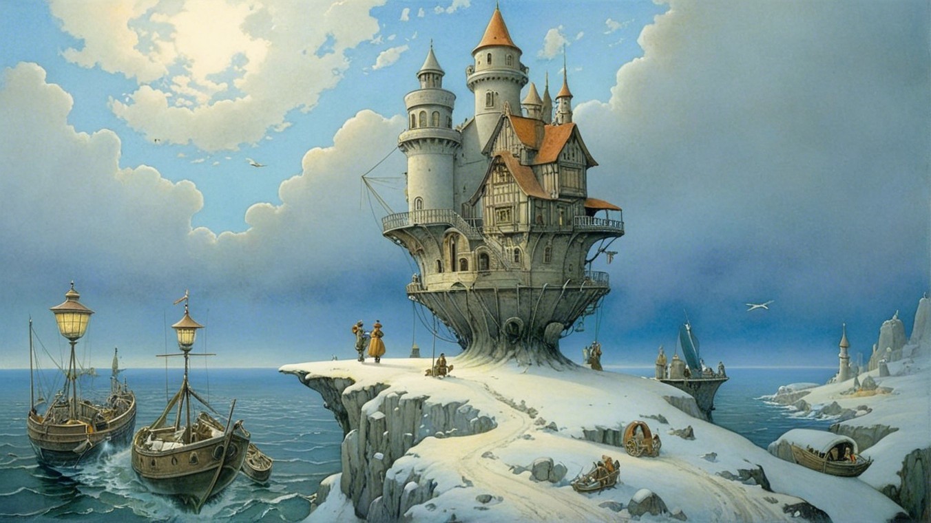 Fantastical castle overlooking serene sea with ships