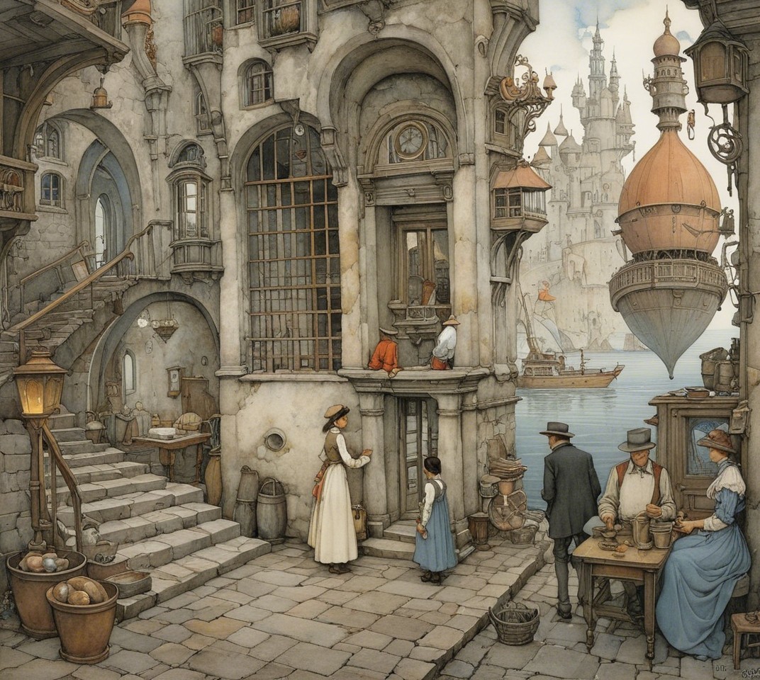 Steampunk Town with Marketplace and Floating Dirigible