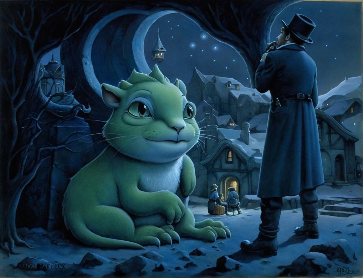 Moonlit Village Scene with Green Creature and Flutist