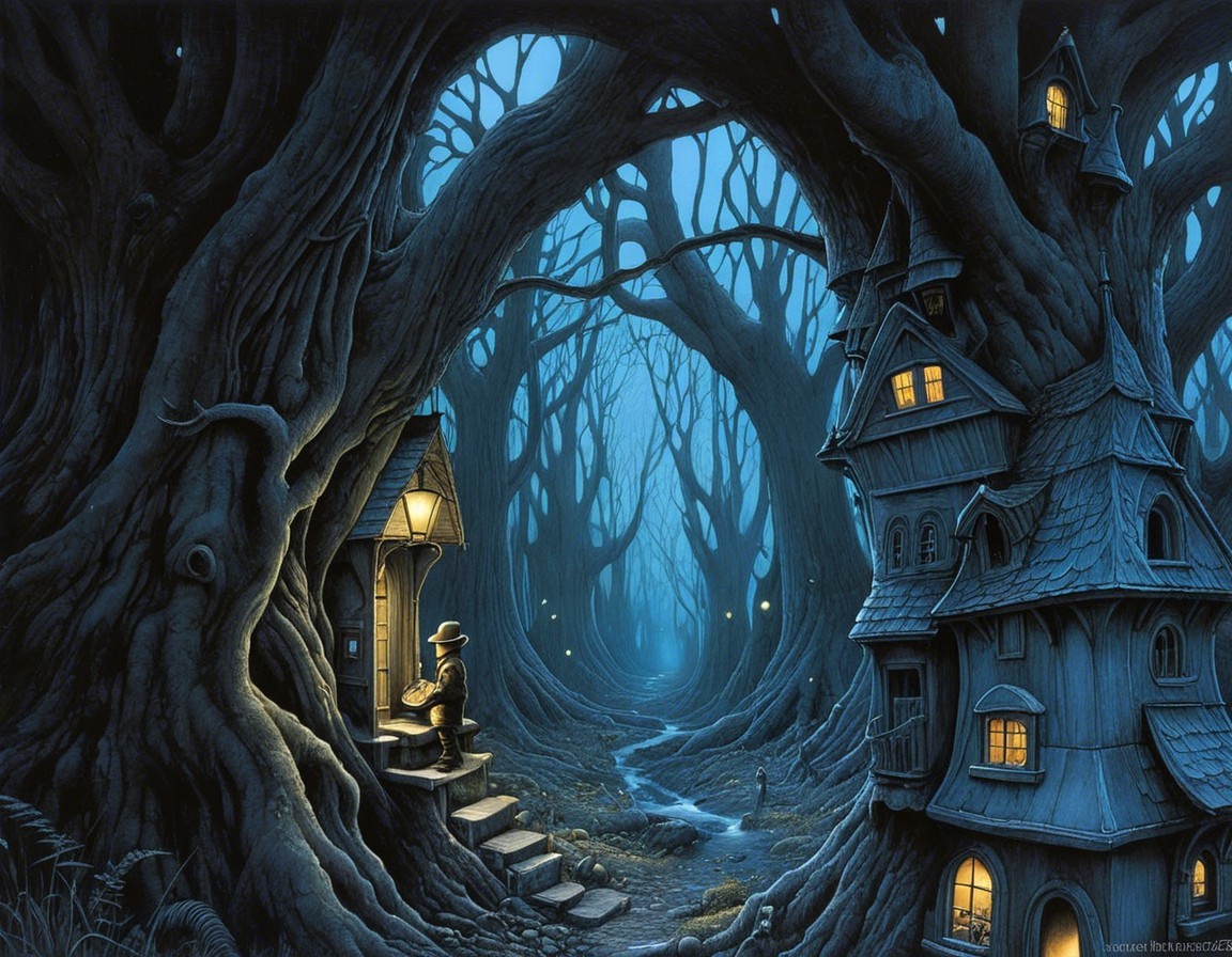 Mystical Twilight Forest with Cozy Lantern-Lit Cottage