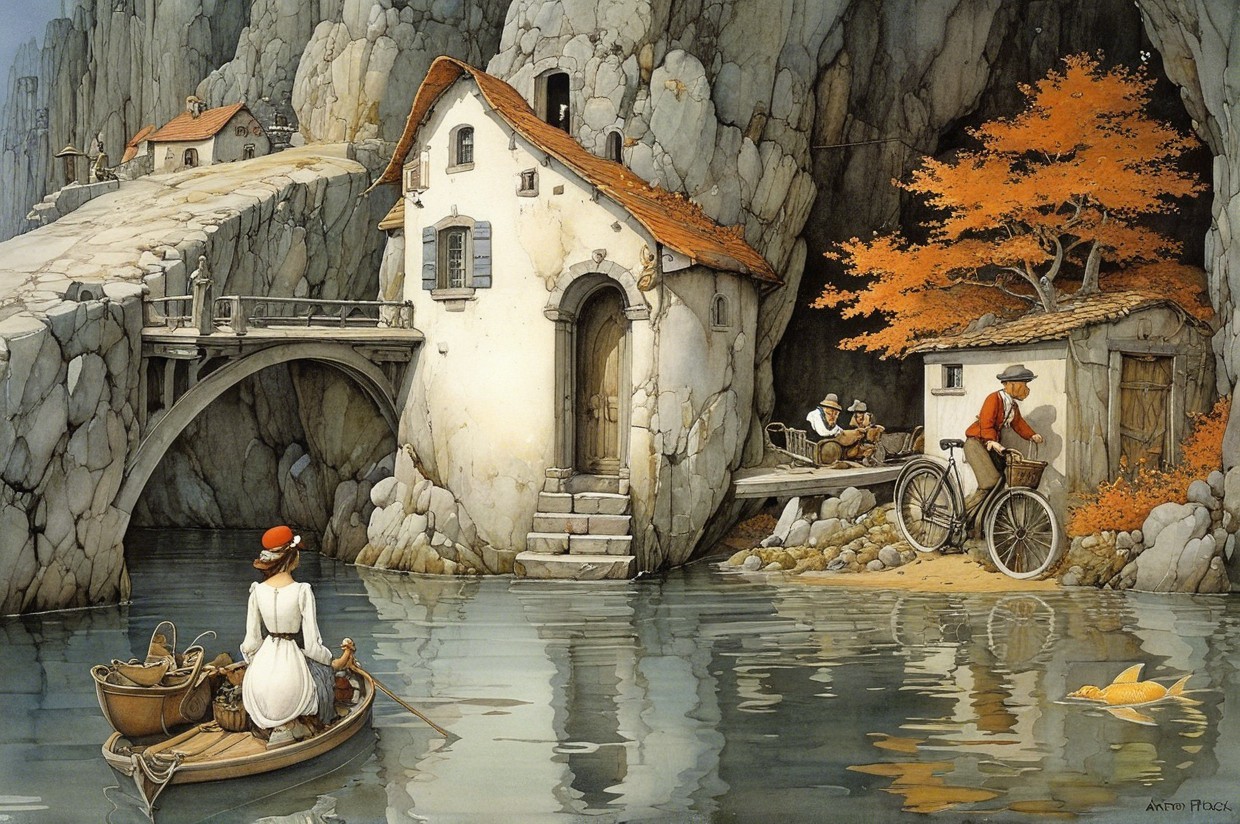 Serene village landscape with cliffs and autumn colors