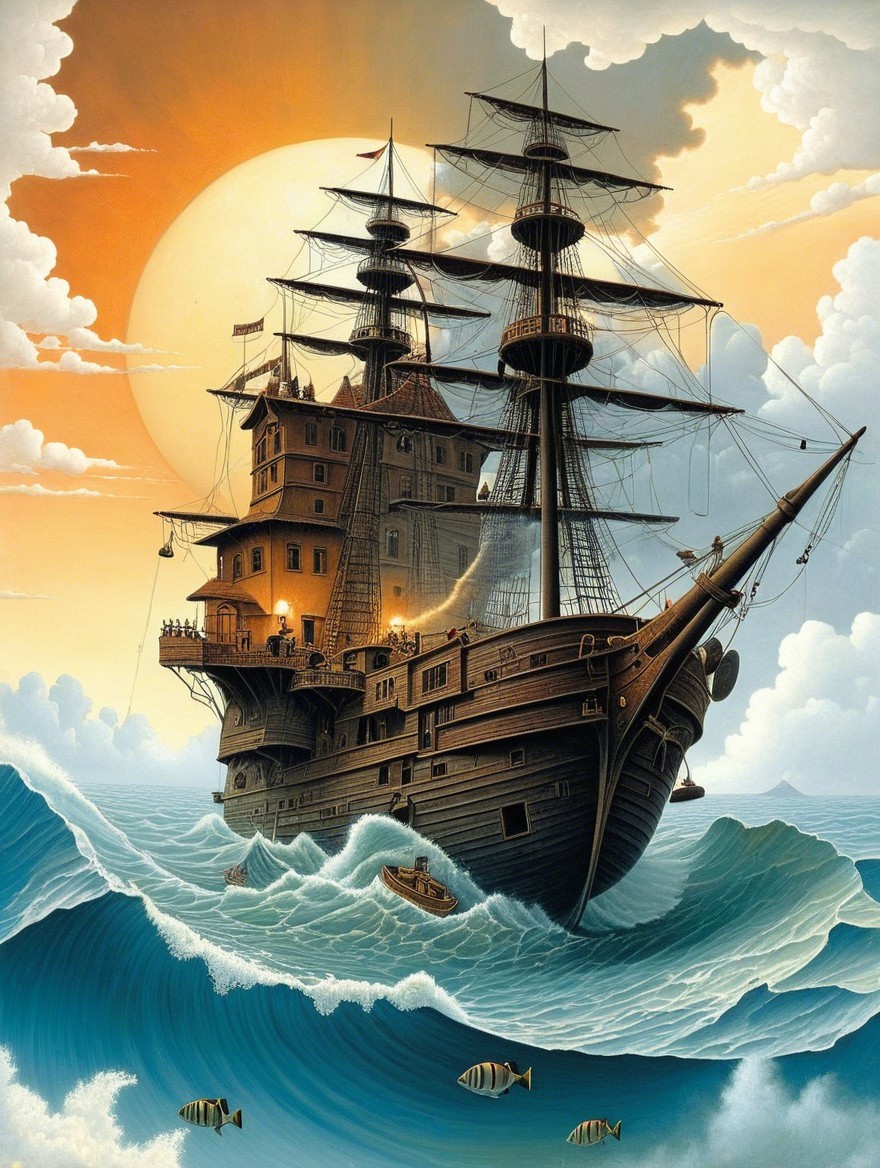 Majestic Pirate Ship Sailing at Dramatic Sunset