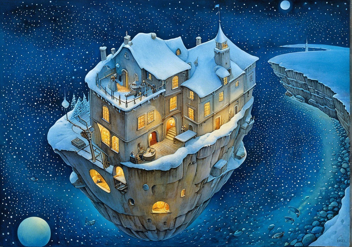 Surreal Scene of a House on a Floating Rock