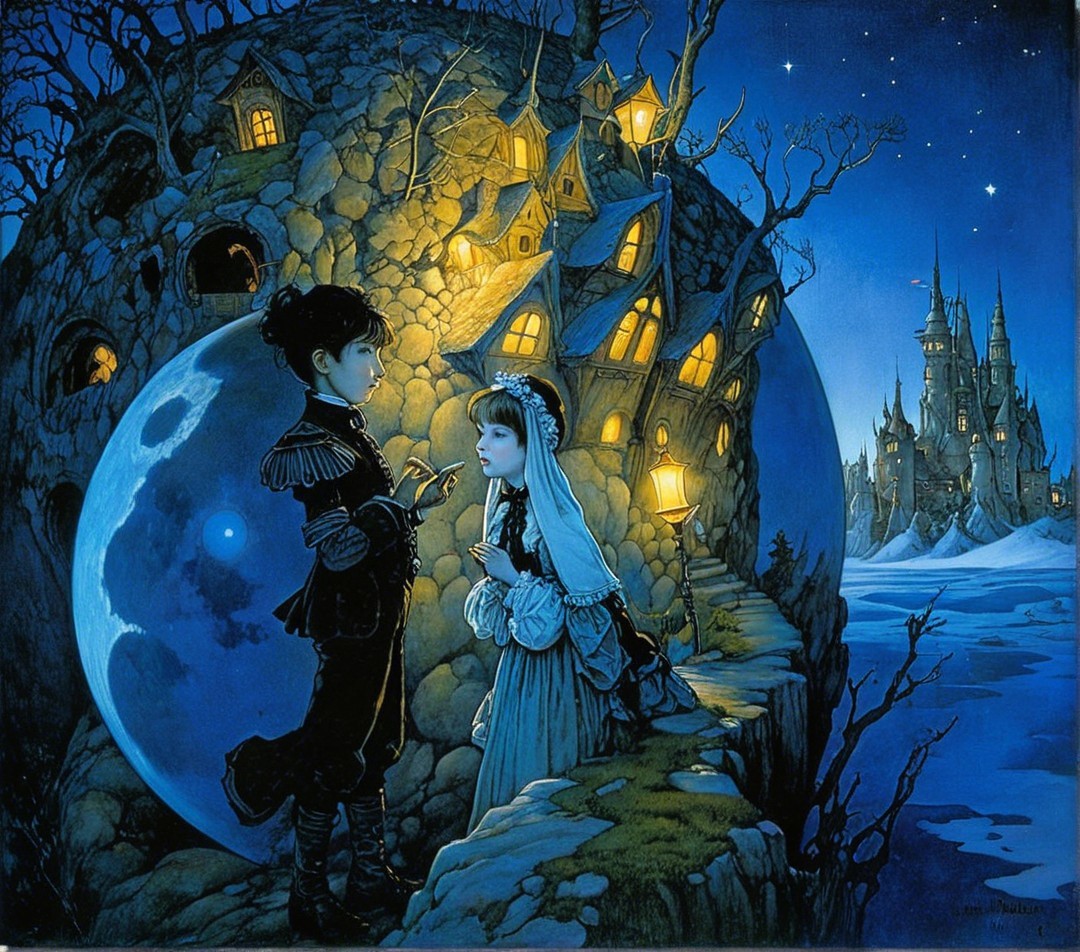 Whimsical Moonlit Scene with Children and Enchanted Castle