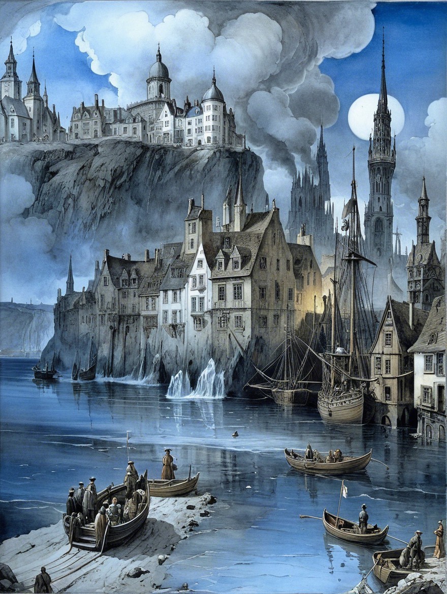 Dramatic Coastal Village with Moonlit Landscape