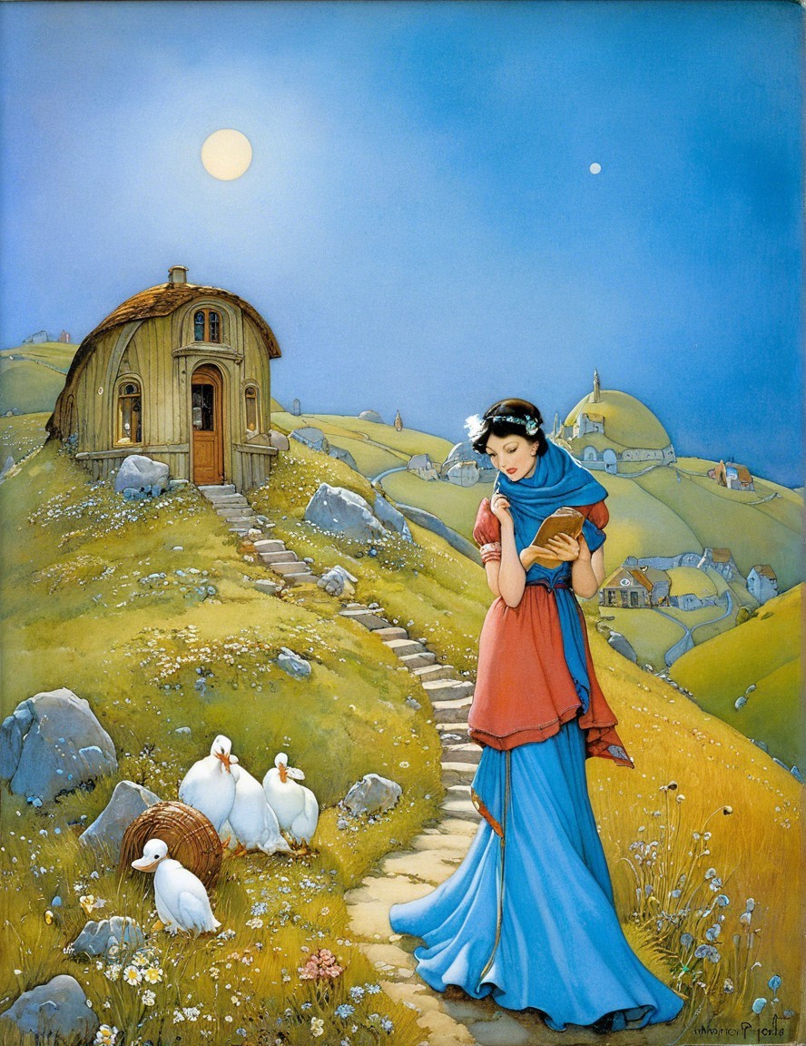 Serene landscape featuring a woman in traditional dress