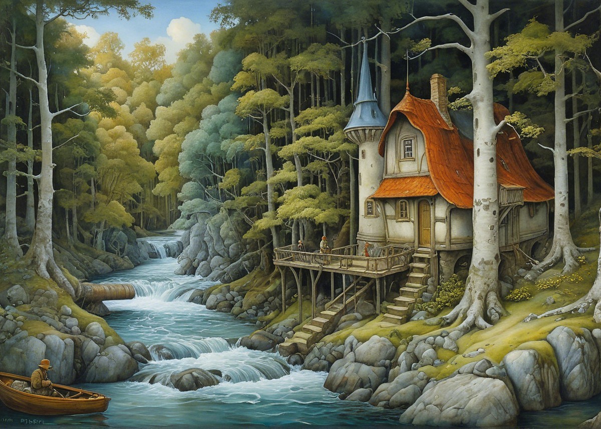 Whimsical Cottage by Serene River and Tall Trees