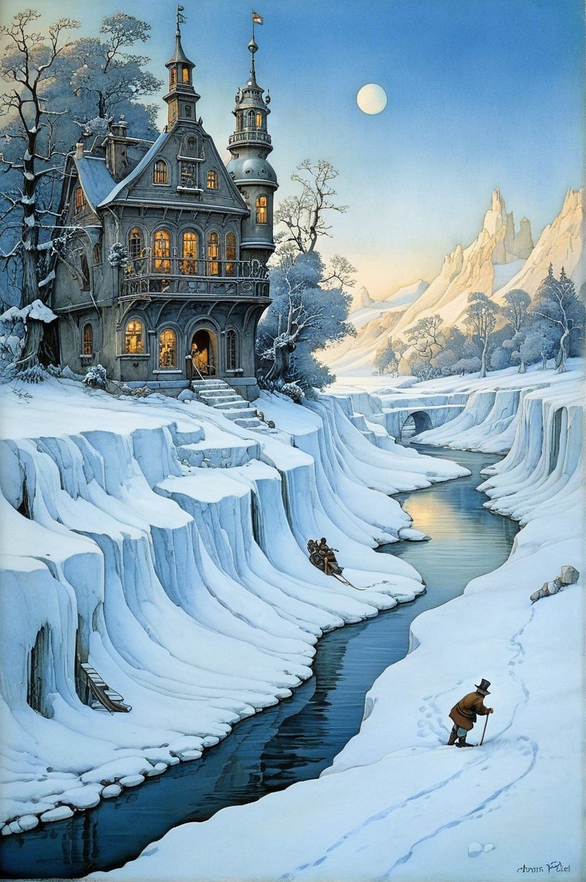 Serene Winter Landscape with Majestic House and River