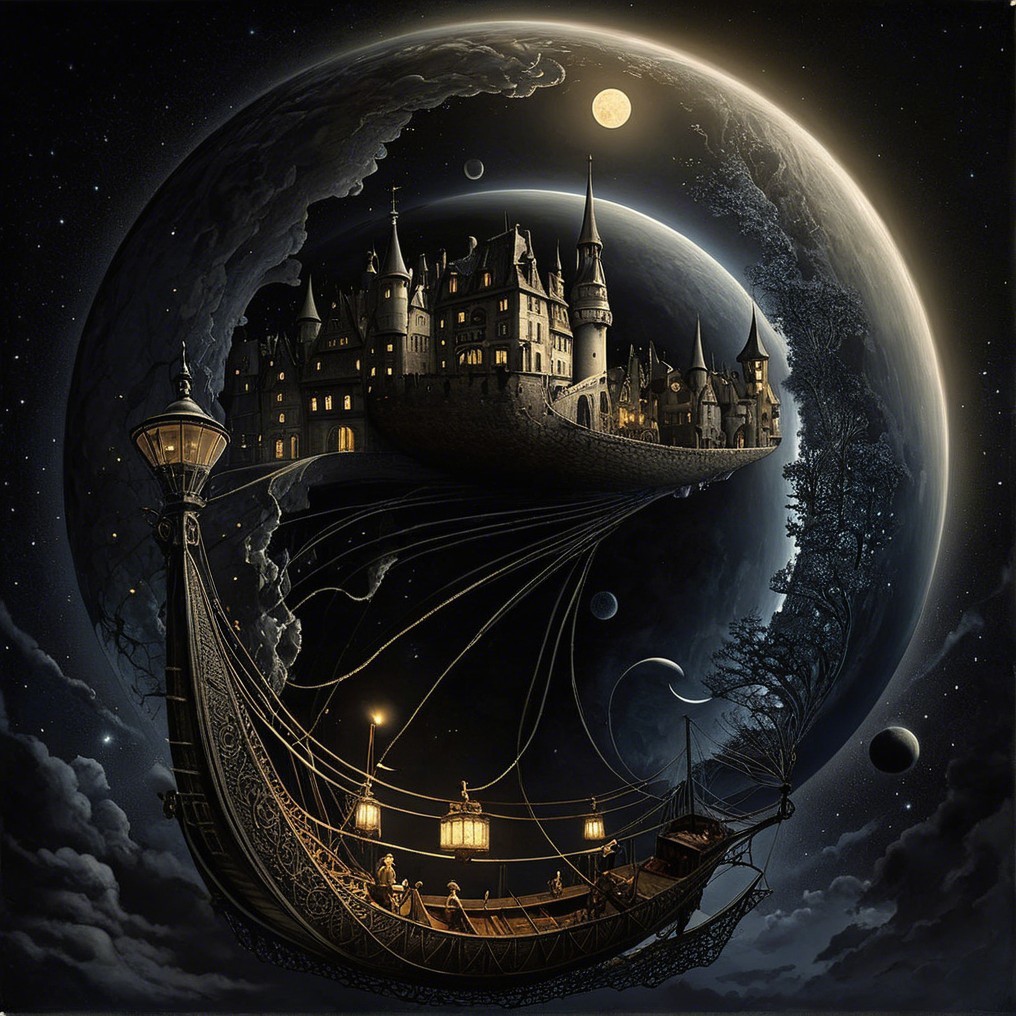 Floating Castle on Ship in Surreal Cosmic Scene