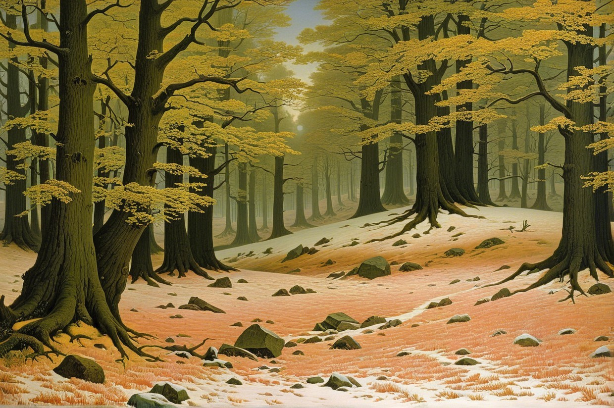 Serene forest scene with autumn foliage and sunlight