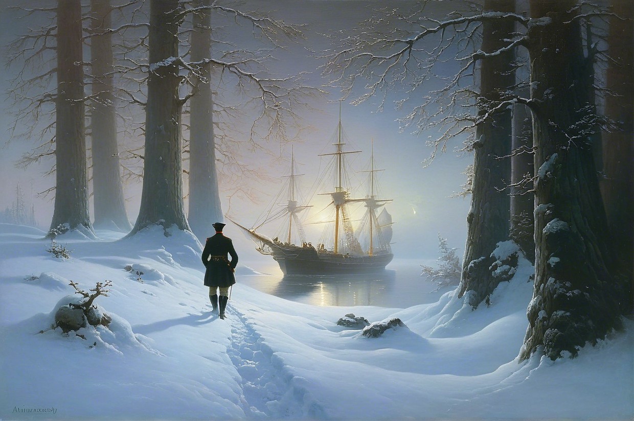 Serene Winter Landscape with Ship in Misty Bay