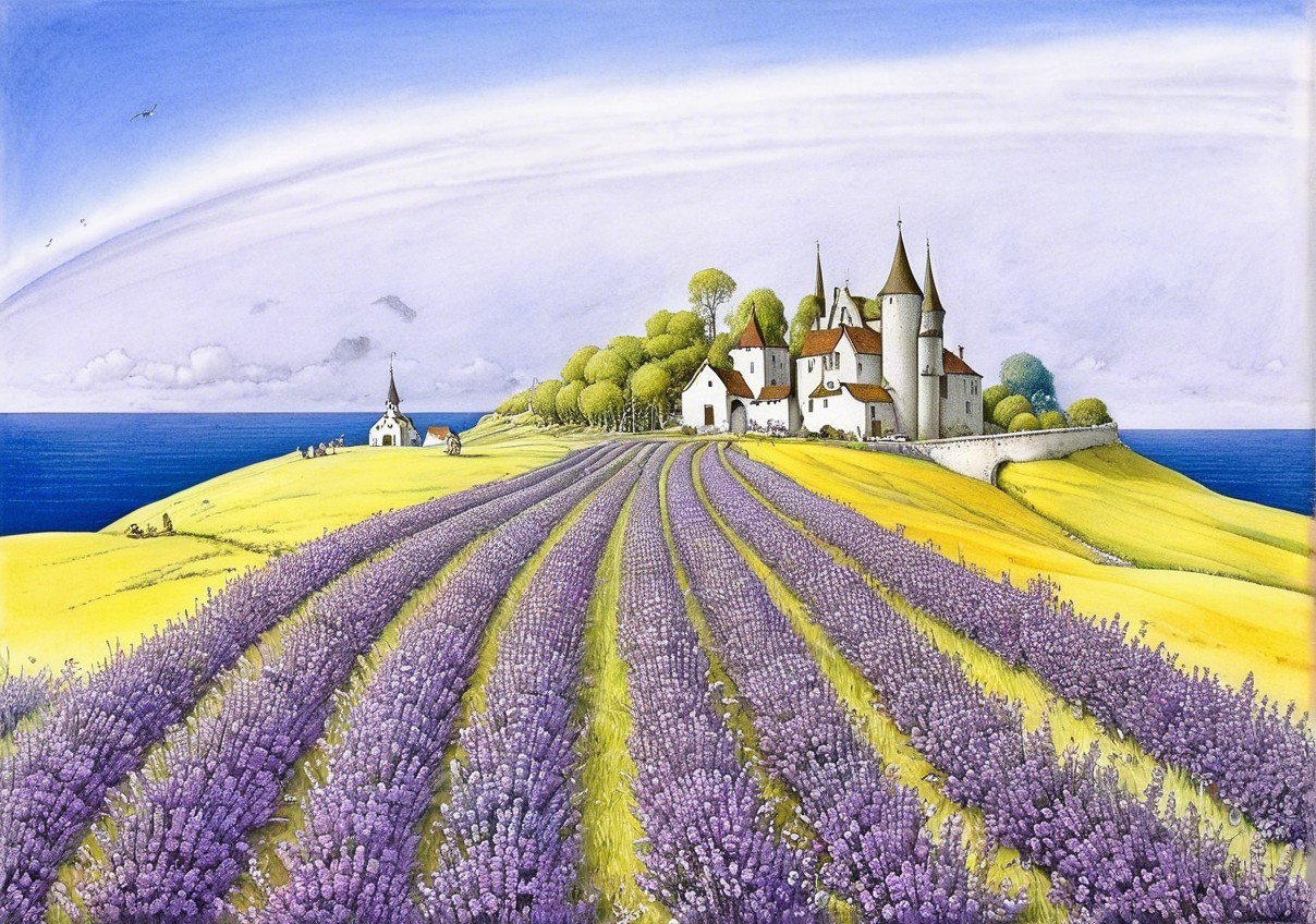 Vibrant Lavender Hills and Quaint Village by Sea