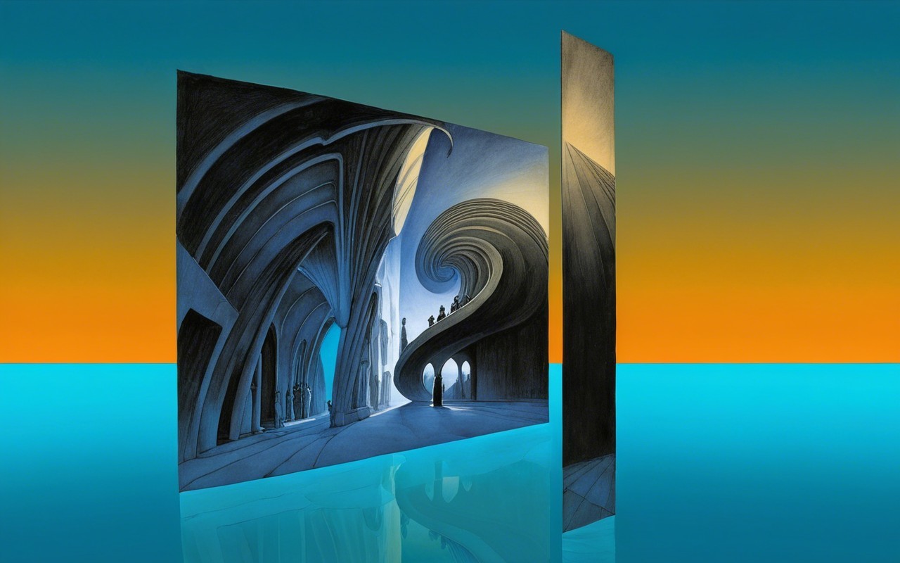 Surreal Architectural Scene with Curving Forms and Colors