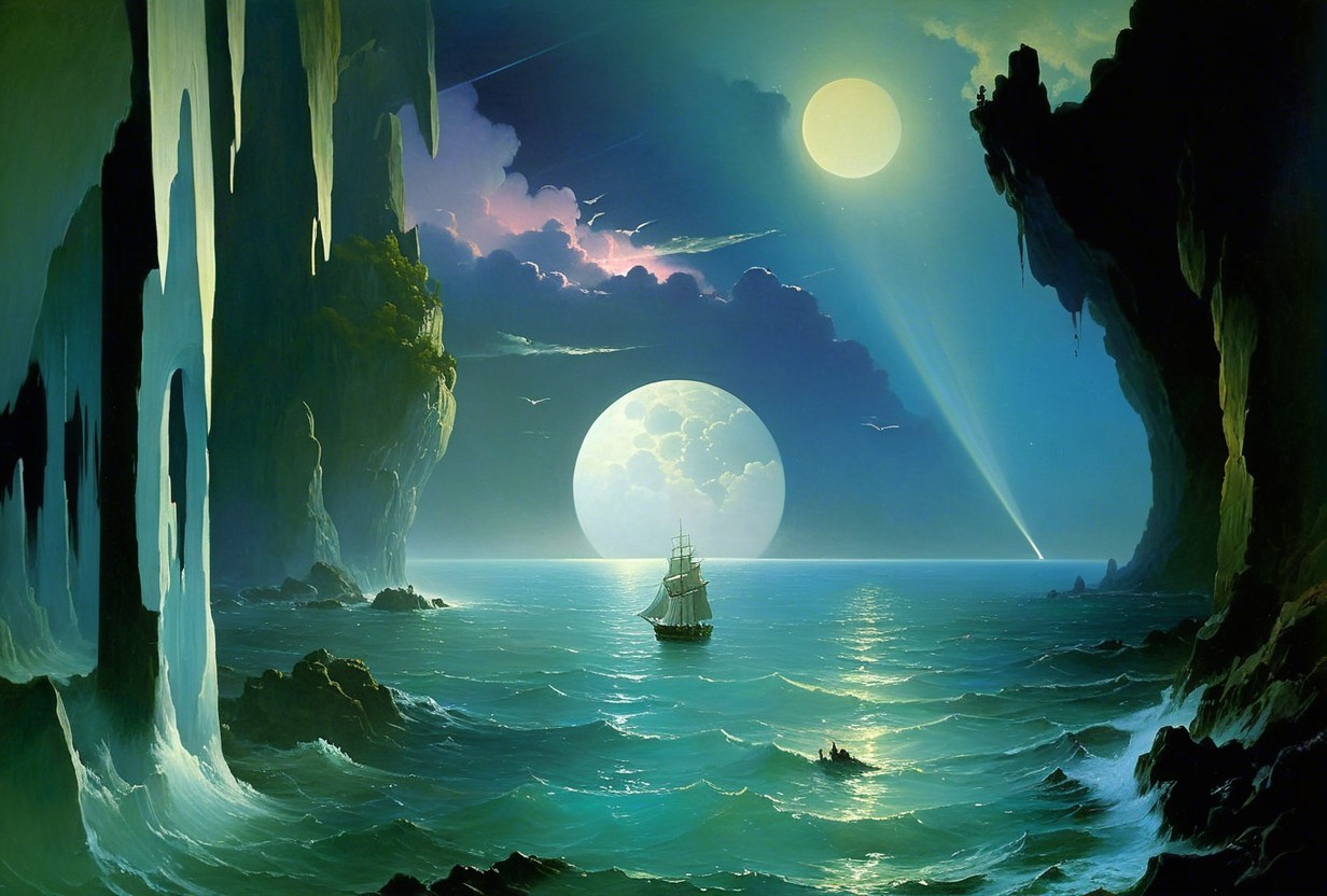 Mystical Seascape with Ship and Celestial Bodies