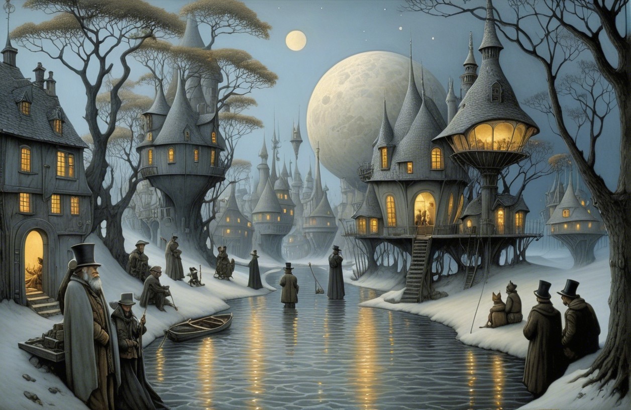 Whimsical Winter Scene with Fairytale Houses and Moonlight