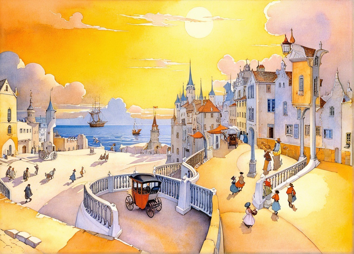 Pastel Coastal Town Landscape at Sunset