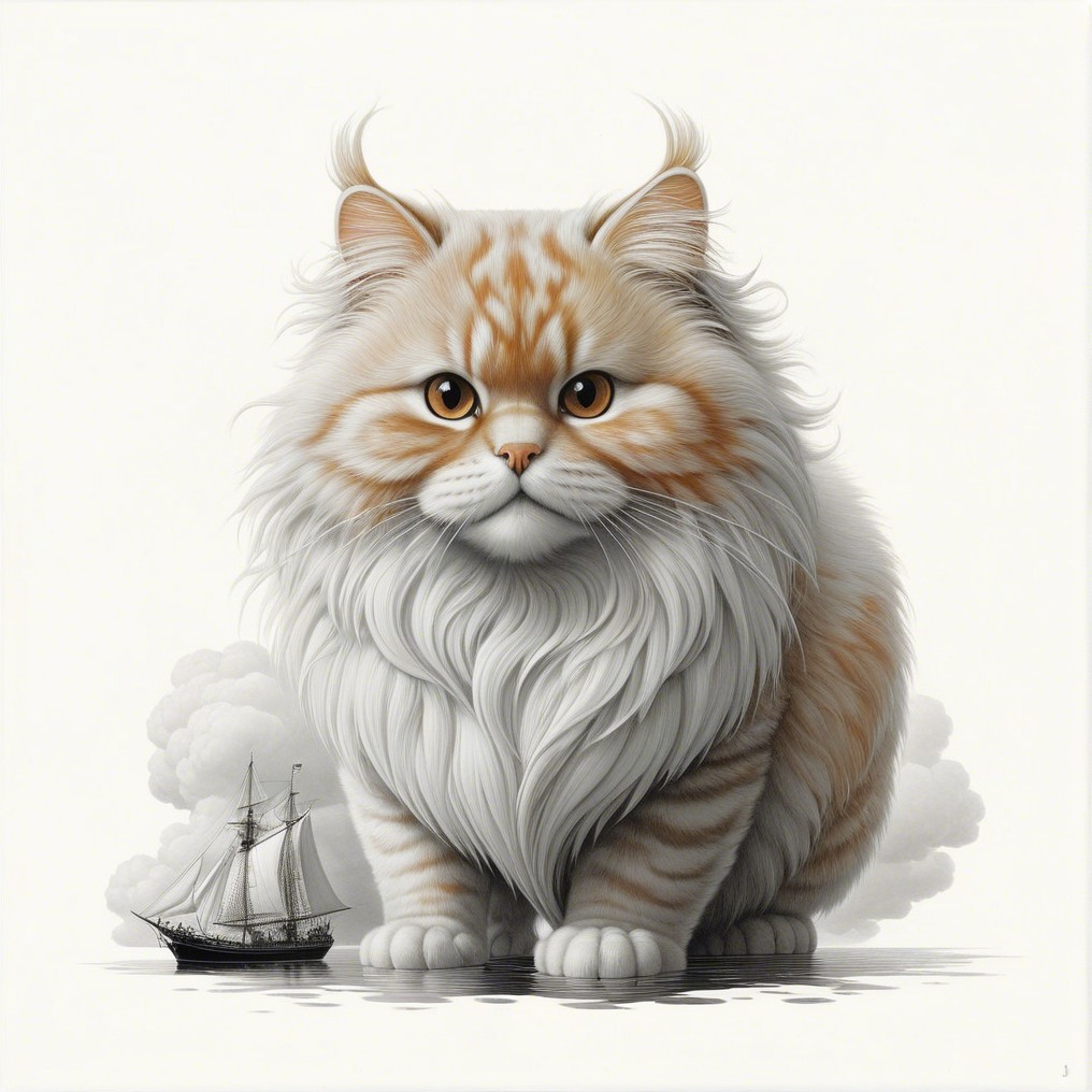 Whimsical Illustration of a Large Fluffy Cat and Ship