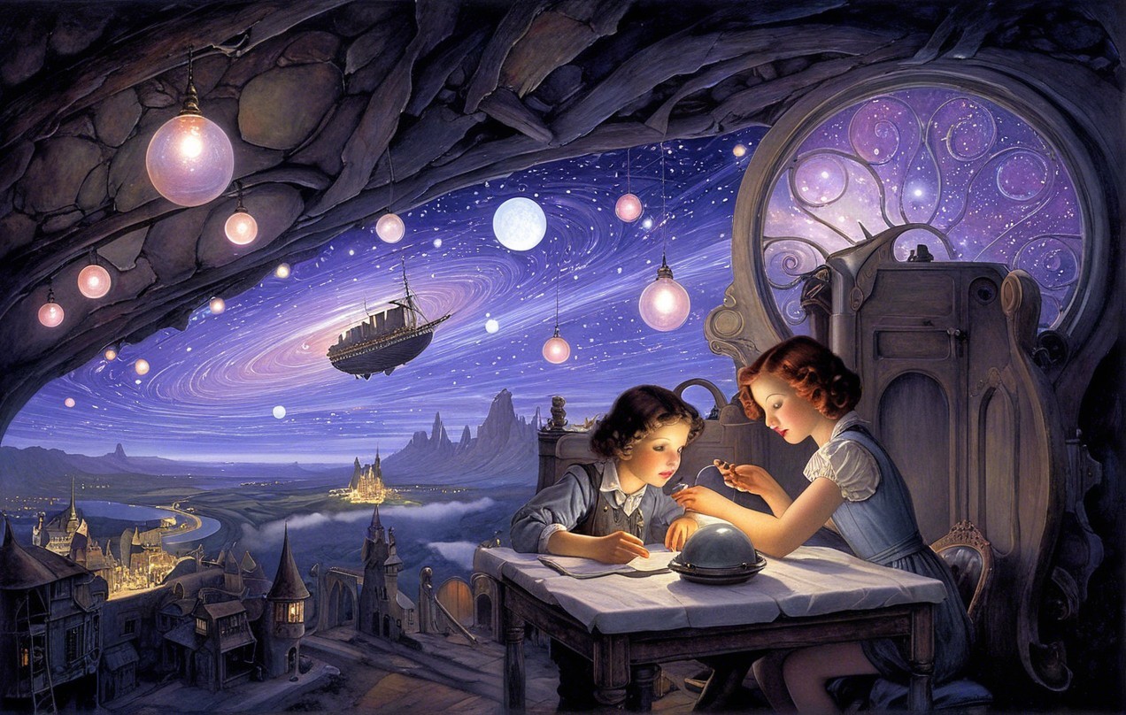 Whimsical Scene of Girls in a Magical Landscape