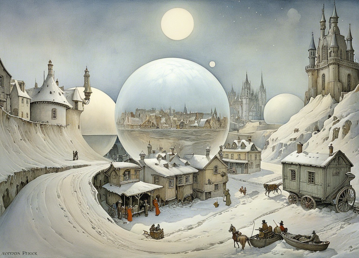 Winter Village Scene with Snowy Landscape and Orbs