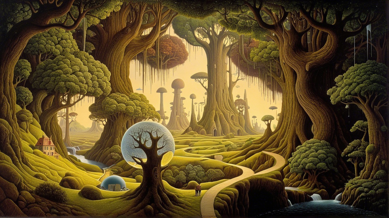 Whimsical Landscape with Oversized Trees and Mushrooms