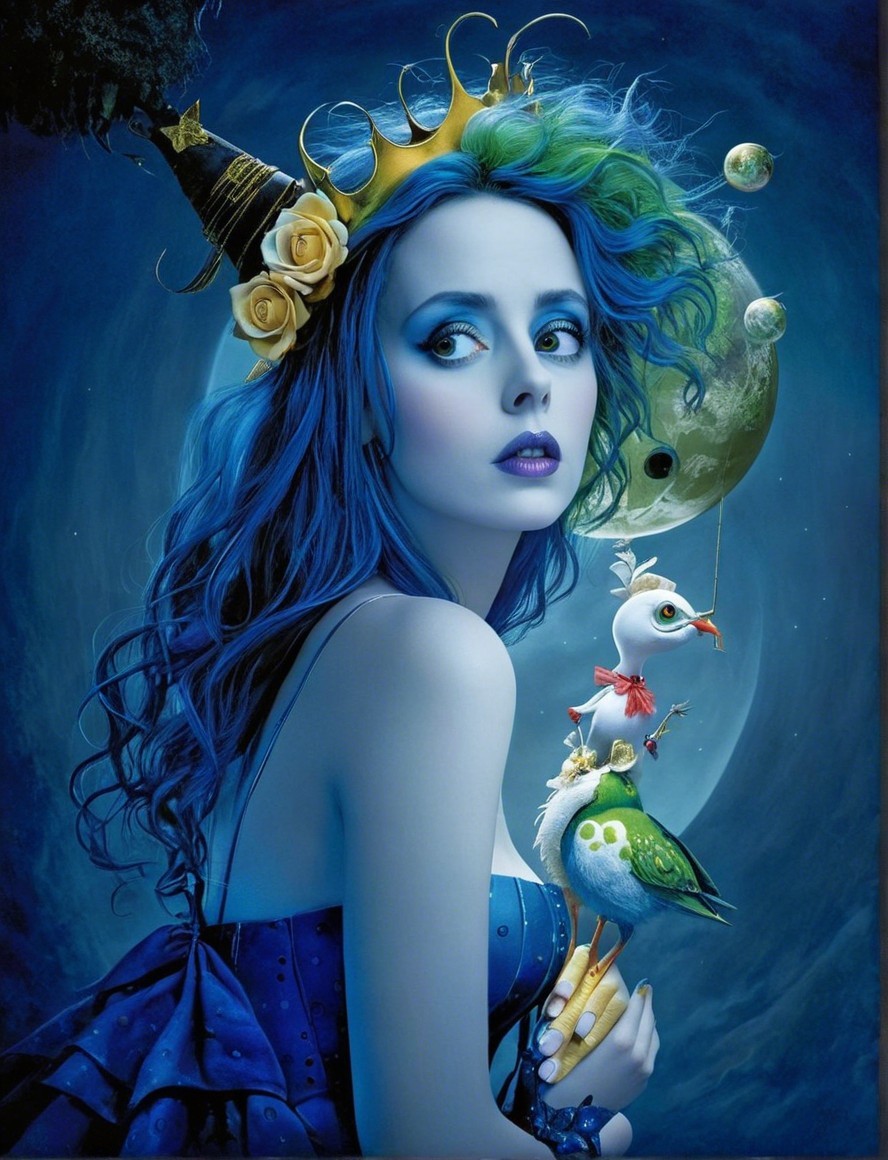 Mystical Woman with Blue Hair in Cosmic Setting