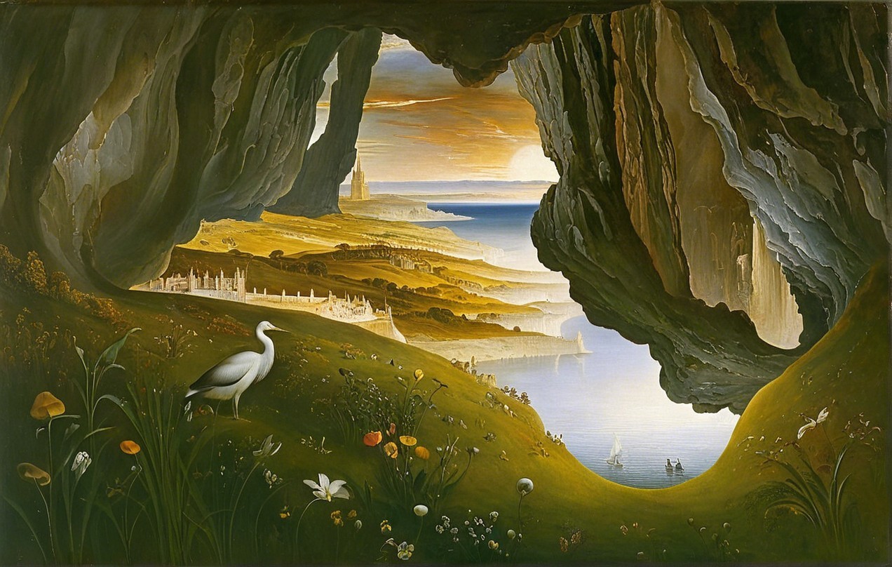 Serene Cave Landscape with Hills and Tranquil Sea