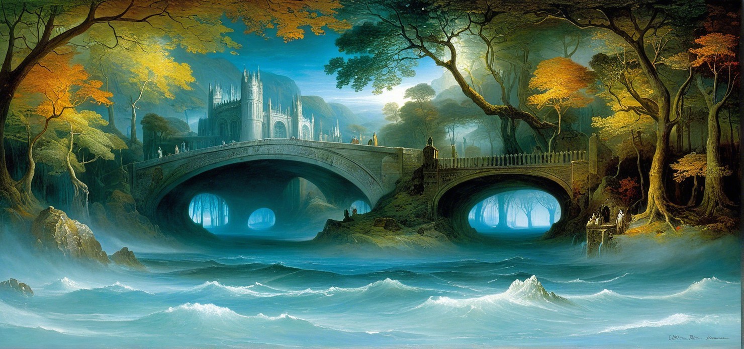 Mystical Landscape with Water, Bridges, and Castle