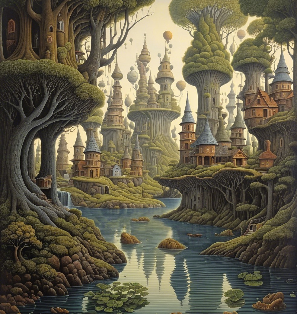 Whimsical Landscape with Surreal Trees and Castles