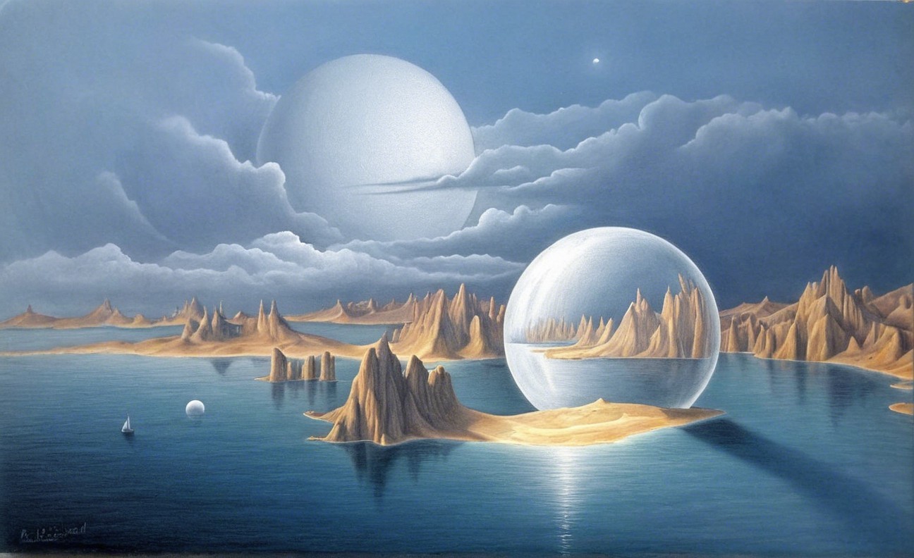 Surreal Landscape with Two Moons and Reflective Sphere