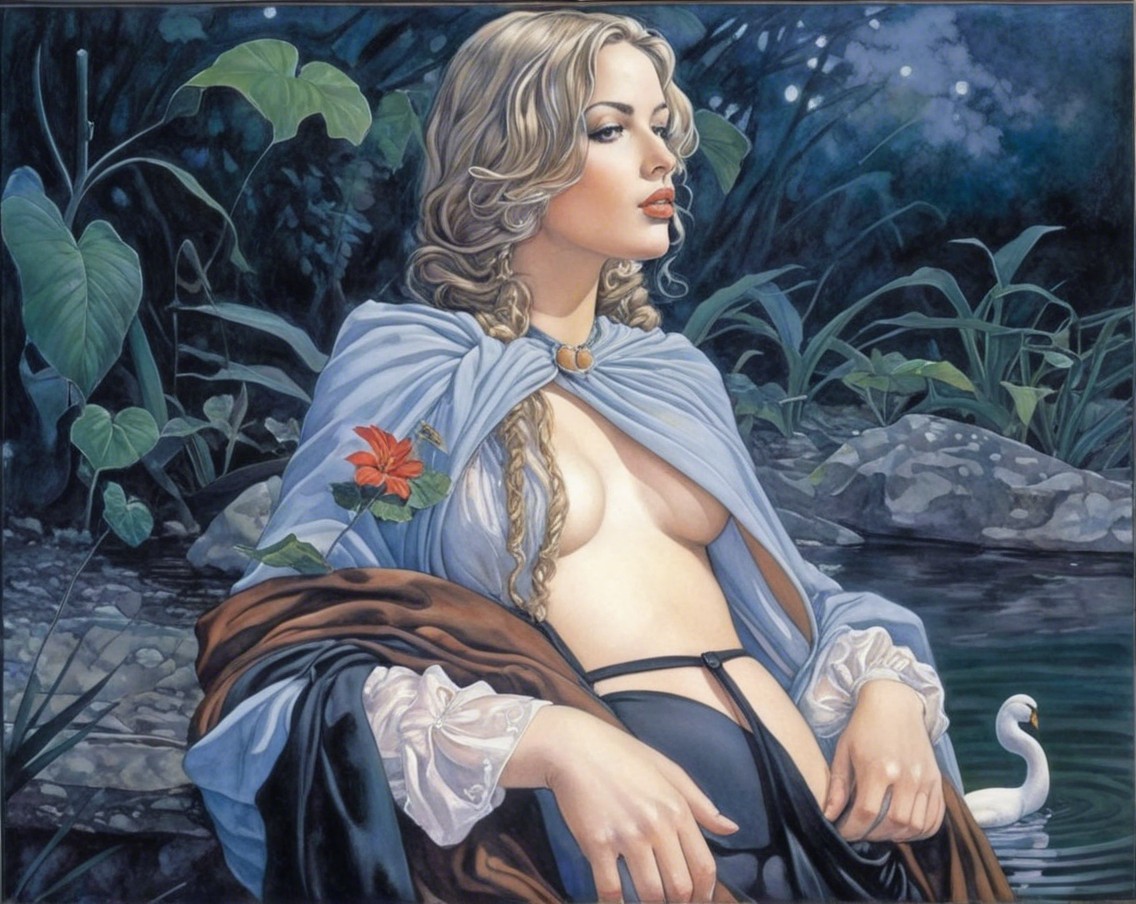Serene Scene of a Woman in Nature with a Swan
