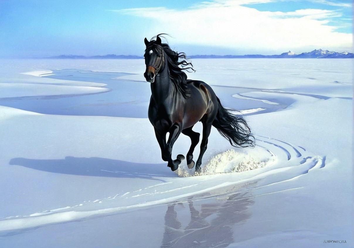 Black Horse Galloping in Snowy Landscape with Mountains