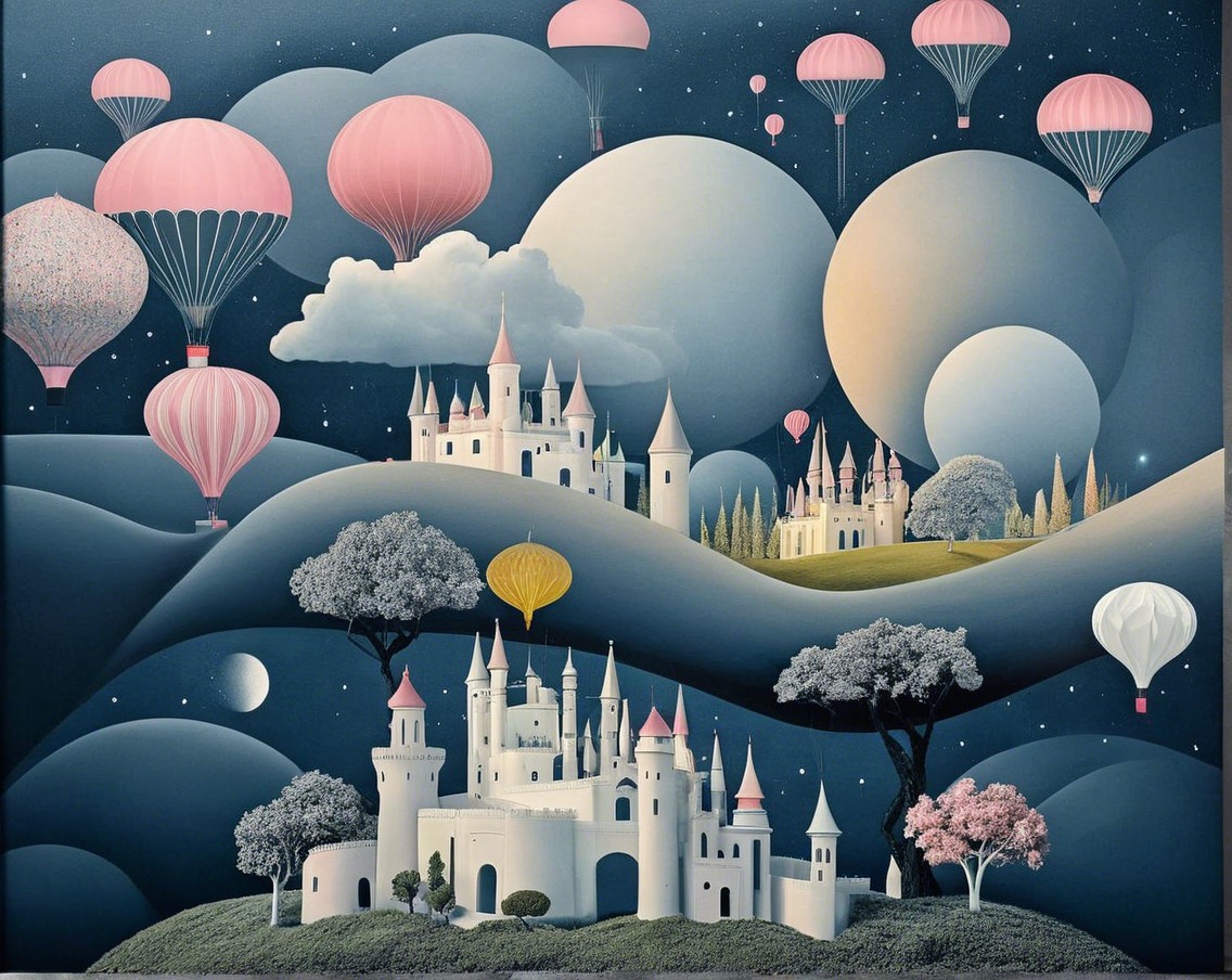 Whimsical Landscape with Hot Air Balloons and Castles