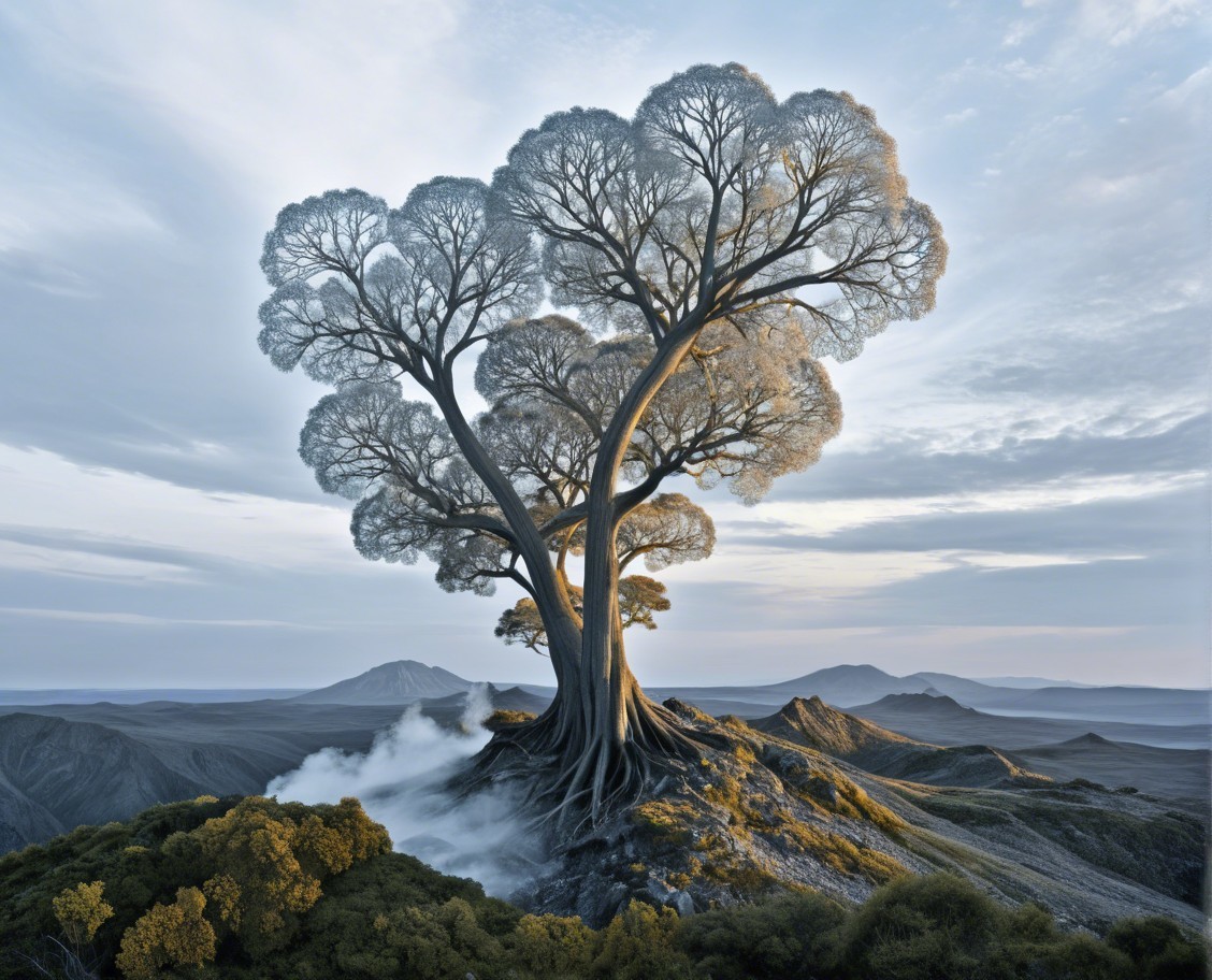 Surreal Tree on Rocky Outcrop with Ethereal Landscape