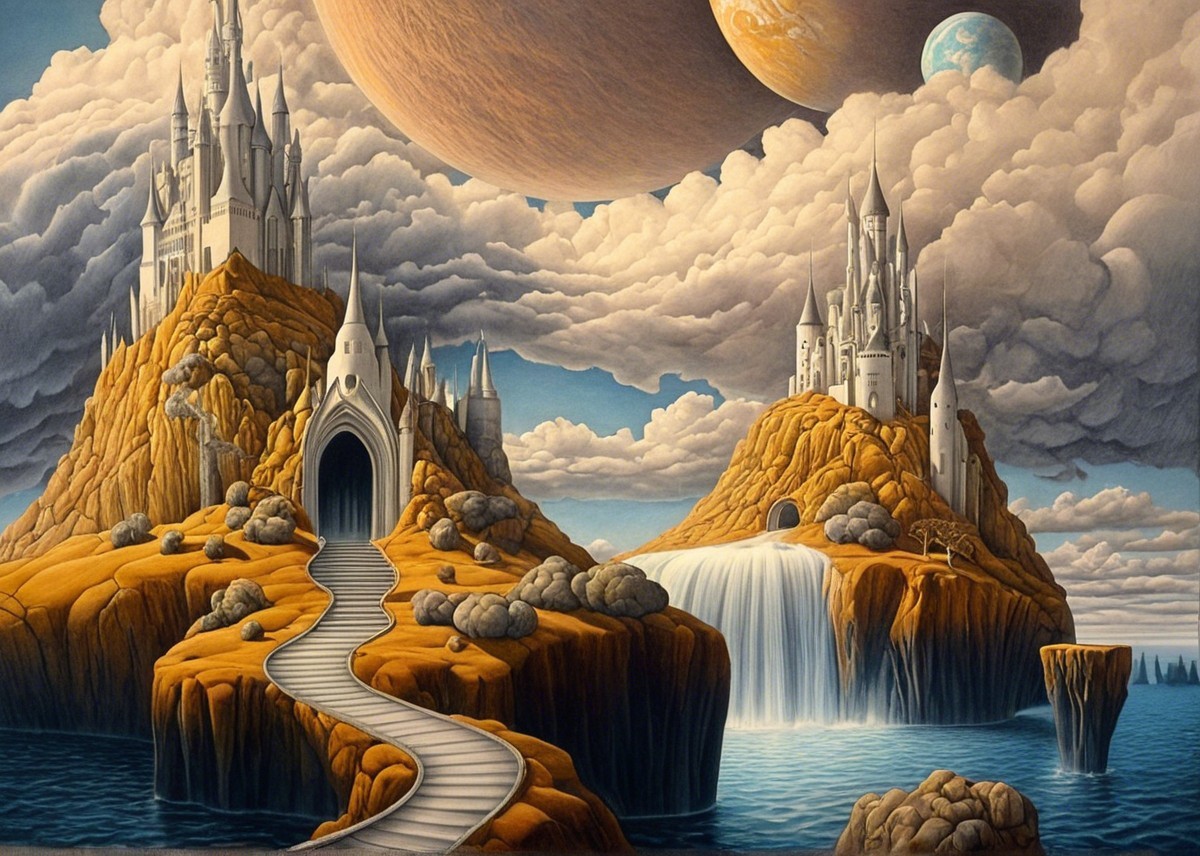 Surreal Landscape with Castles and Floating Planets