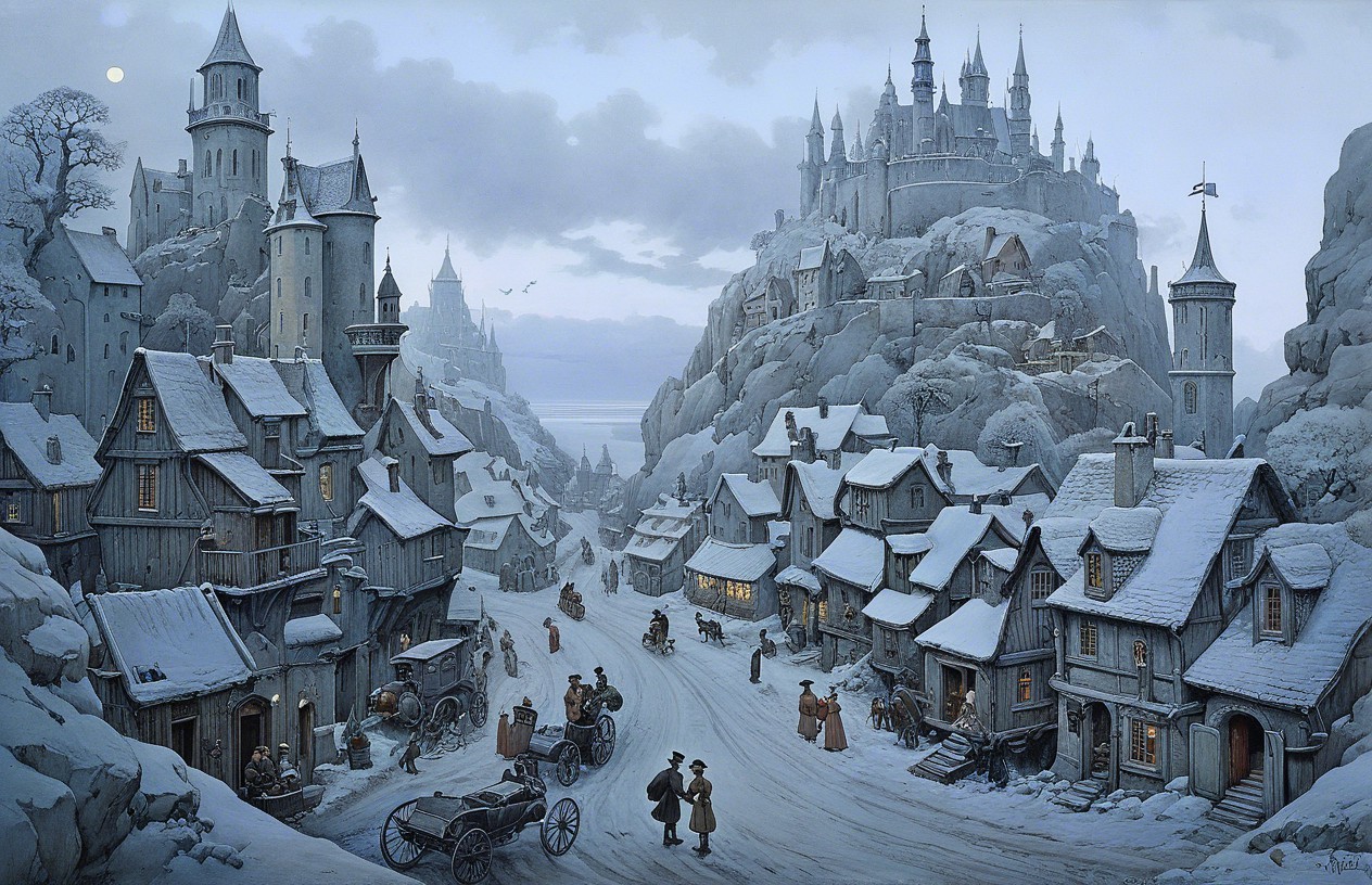 Winter Village Scene with Snow and Majestic Mountains