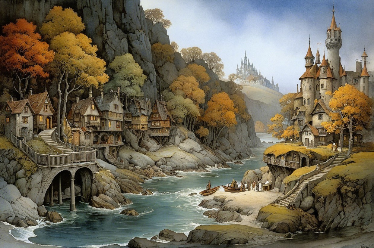 Picturesque Village by Winding River with Autumn Foliage