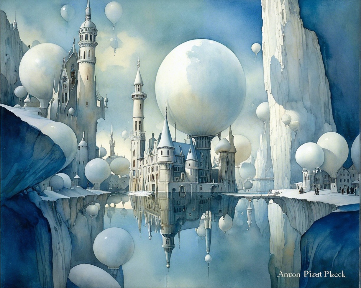 Watercolor of a cliffside city with floating balloons