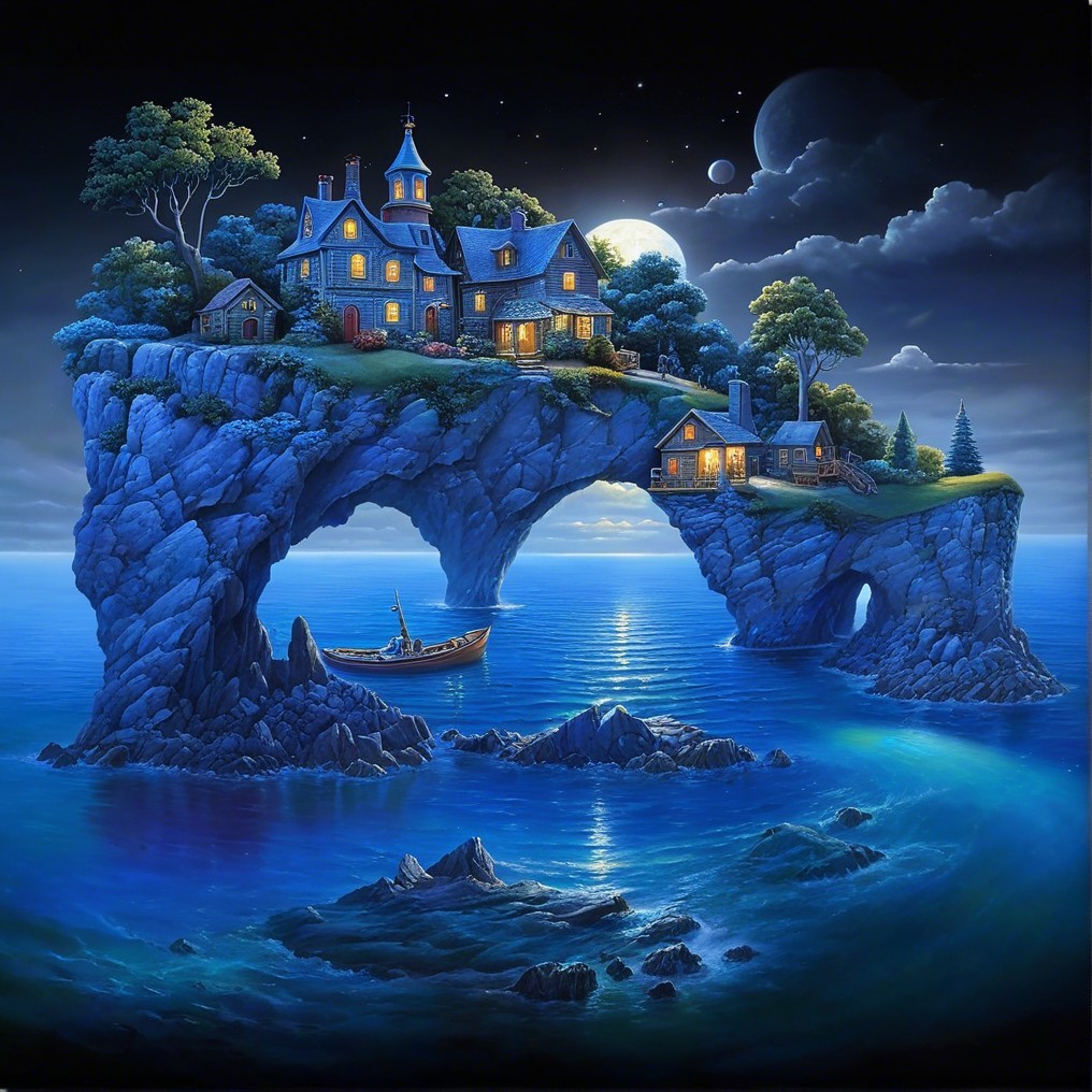Cozy House on Rock Formation by Serene Ocean at Night