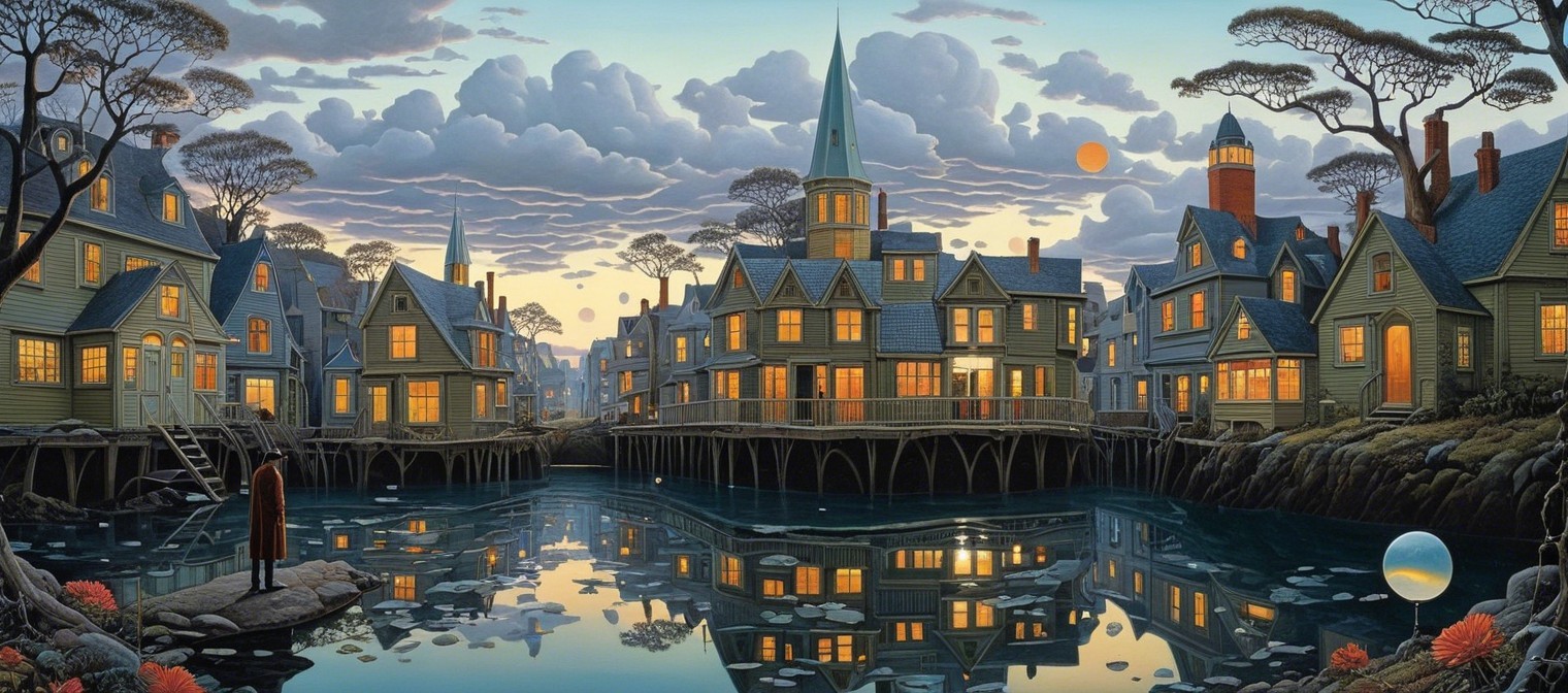 Twilight Scene of a Coastal Village with Reflective Water