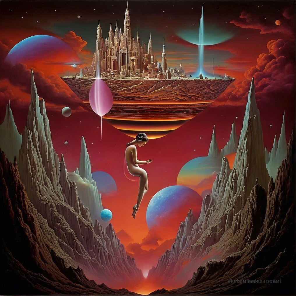 Surreal Landscape with Jagged Mountains and Floating City