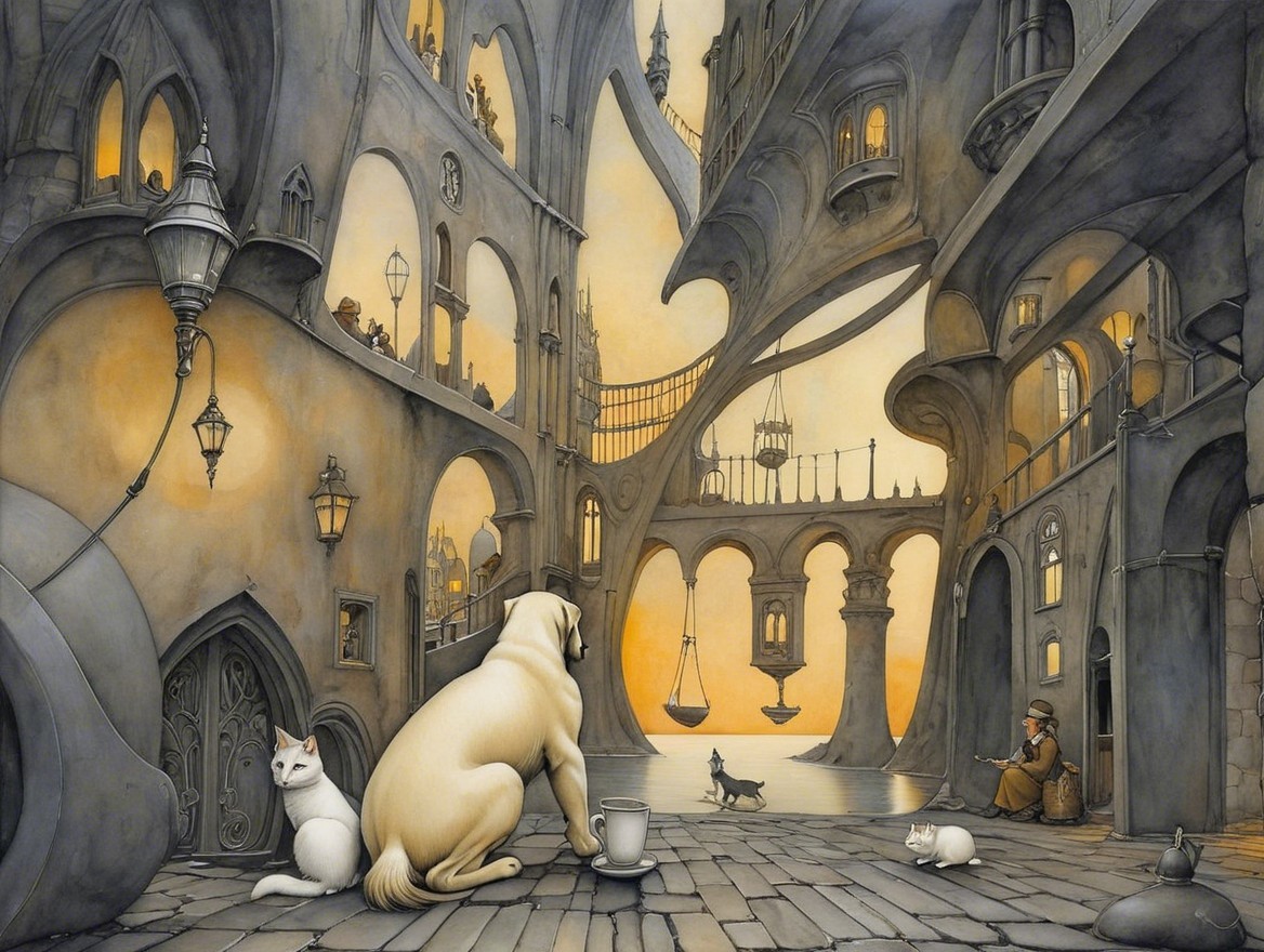 Surreal Architectural Scene with Animals at Dusk
