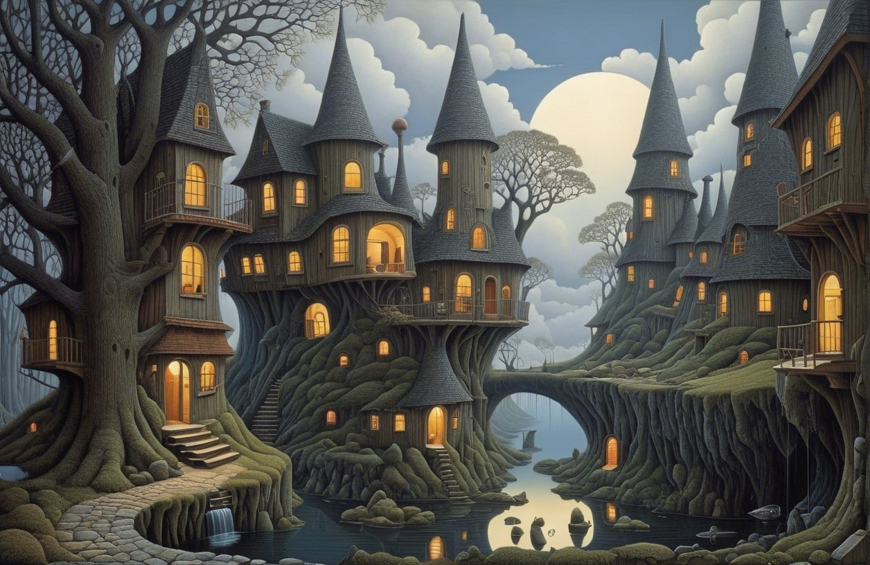 Enchanted village of glowing tree houses and river